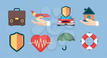 Insurance icon. Property policy insurance objects business life health vector symbols collection. Insurance life and home, security travel and protect life illustration