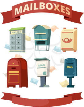 Mail boxes. Containers for post letters vector illustrations set. Post container, box for envelope, send and delivery newsletter