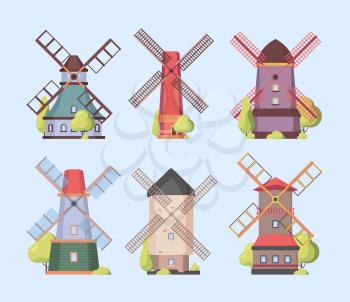 Windmill. Holland dutch authentic constructions windmills vector collection set. Farm construction with propeller, netherlands village gristmill illustration
