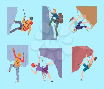 Climbing characters. Sport rocking people walking in mountain extream male and female climbers hikers vector set. Rock climbing travel, illustration climb character to mountain