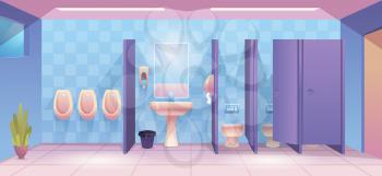 Public toilet. Empty cleaning room wc for male and female person clean toilet interior vector cartoon background. Toilet interior public, wc bathroom and washroom illustration
