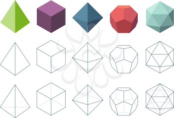 Platonic solid. Geometrical 3d object shapes vector collection. Polygon pyramid form, platonic and polyhedron geometric figures