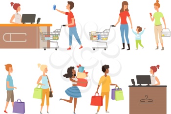 People queue. Grocery store customers, apparel shop or mall shoppers vector illustration. Queue customer to supermarket or store, cashier and buyer