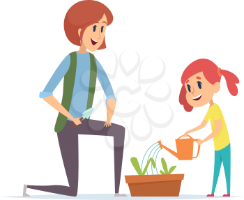 Gardening time. Woman girl planting grass and watering with water can. Little baby and mother working in garden vector illustration. Mother and daughter plants green flower