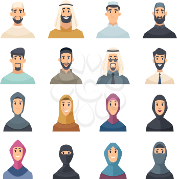 Arabic faces. Avatars muslim characters portraits of arabic male and female east people vector set. Illustration avatar portrait character muslim face