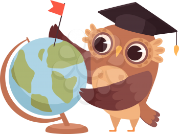 Clever owl. Cartoon wild bird with globe and university hat. Geography teacher, dreams about travel vector illustration. Education owl at school, animal study at university