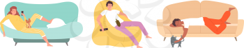 People with pets. Woman on sofa with kitten, boy on chair with turtle. Lazy teens with gadgets vector illustration. Woman with kitten, man on sofa interior