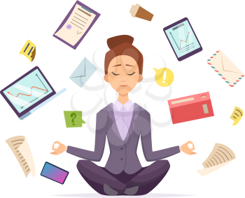 Yoga business. Female character sitting in lotus meditation pose and relax office business items flying around vector cartoon illustration. Yoga office meditation, business relax sitting, pose lotus