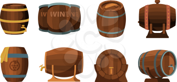 Wooden barrels. Beer or wine alcohol traditional barrels vector illustrations. Beer alcohol container, wine storage and traditional whiskey