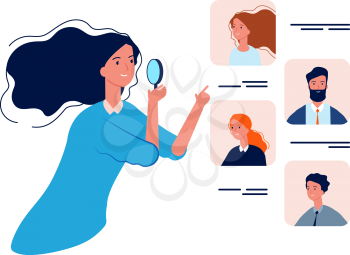 People resources. HR manager, boss choose employers. Recruitment agency, business woman hiring workers vector illustration. Recruitment worker, recruit personal, resource opportunity