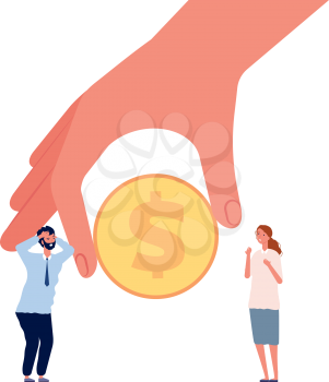 Big investments. Business people fear investition, man woman surprised their profit. Hand holding golden coin, donations vector illustration. Business investment finance, banking coin for businessman
