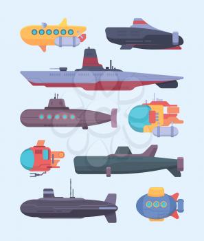 Underwater boat. Submarines diving ocean exploration vector cartoon illustrations set. Military and researching ship to dive underwater