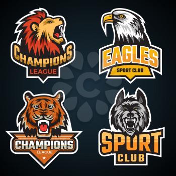 Sport animal. Team logo or emblem with wild animals grizzly bear wolf tiger mascots vector collection. Emblem animal for game club college illustration