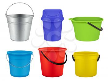 Buckets collection. Empty plastic or metal containers for liquids water or garbage vector realistic buckets. Illustration container empty, bucket for housework