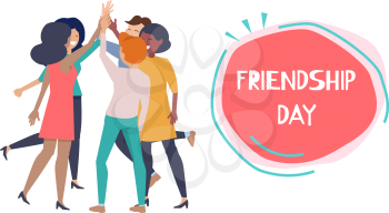 Friendship day poster. Happy people hight five, international friends or business team together vector banner. Friendship greeting and happiness together friends illustration