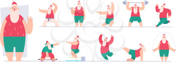 Active santa. Sport fairytale characters santa making exercises gym workout fitness in winter vector pictures. Winter activity santa, active fitness workout illustration