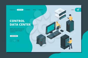 Data server landing. Software and hardware items for global storages ethernet computer services vector isometric server. Illustration hardware computing server, web storage