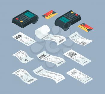 Payment terminal isometric. Purchase billing financial paper check and buying machine for nfc card payment bank comunication vector illustrations. Check payment terminal, credit card transaction
