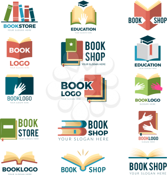 Book symbols. Reading club identity stylized pictures publishing logotype magazines and reading books vector. Bookstore publish, education story book, publication illustration