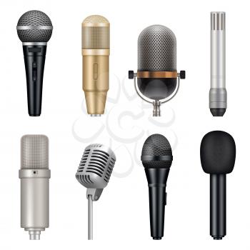 Microphones realistic. Audio studio equipment for singing and talking vector templates set. Studio karaoke tools, speech entertainment vocal mic for record illustration
