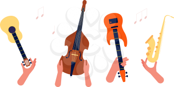 Hands holding music instruments. Guitar, strings and winds musical orchestra vector banner. Illustration musical instrument, saxophone and guitar