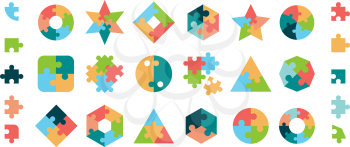 Puzzle. Jigsaw pieces various geometrical forms round and square puzzle parts vector collection. Illustration jigsaw puzzle game, teamwork concept