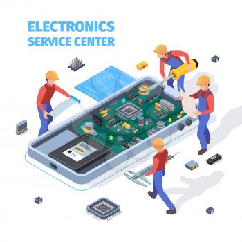 Repair service concept. People making repair at motherboard of smartphones or laptop workers fixed and electronic problems vector isometric. Repair smartphone, device fix and maintenance illustration