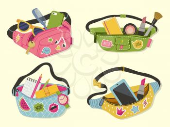 Waist bags. Funny cute style accessories happy lady modern bags for handy items and money vector illustrations. Bag zipper waist, apparel pocket and pouch belt