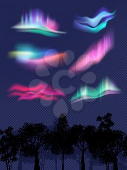 Northern lights. Realistic glowing effects in sky weather effects in night vector templates. Illustration northern night light, galaxy magical luminescence