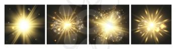 Shining lights. Gold cards, glowing effects collection. Luxury celebration decorative vector elements. Shining gold bokeh star shiny, burst glitter twinkle illustration