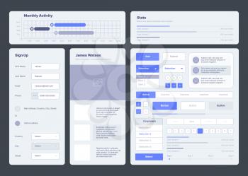 Ui template. Web dashboard elements buttons dividers menu symbols ux layout garish vector collection. Illustration report responsive software, user homepage button