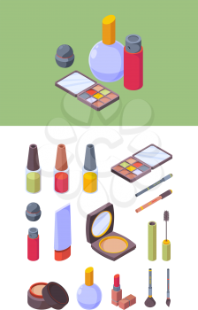 Makeup cosmetic. Items for beauty women colored pallet makeup lipstick shadows pencils garish isometric vector illustrations. Isometric makeup glamour, fashion elegance palette and pomade