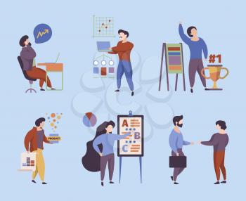 Business people. Office managers workers meeting persons talking business characters garish vector flat stylized pictures. Business company professional discussion and presentation illustration