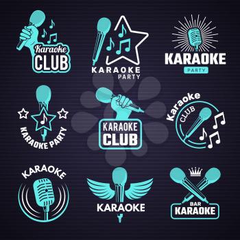 Karaoke badges. Emblem for music studio microphone radio vinyl symbols recent vector logos. Karaoke microphone badge, entertainment logo illustration