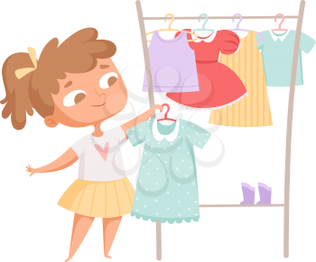 Buying clothes. Girl and dress, clothes rack. Cartoon child in fashion store choosing new look vector illustration. Boutique clothing, shopping and shopper