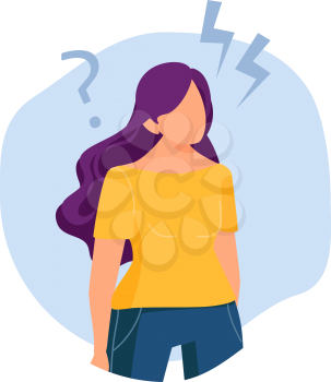 Girl thought. Finding solution problem, new ideas. Creative thinking process, mind research metaphor. Woman has question vector illustration. Girl solution and decision, question thinking