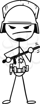 Cartoon vector stickman policeman in threatening pose with heavy helmet and nightstick baton in his hands