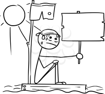 Cartoon vector stickman man lost with empty sign sitting naked on the piece of wood raft from the ship wreck in the center of the ocean with Sun shining