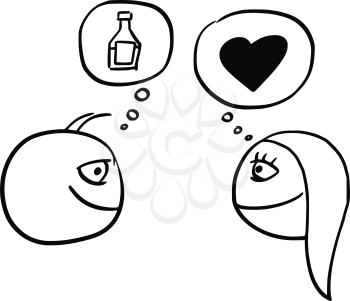Cartoon vector of difference between man and woman thinking about drink bottle flask and heart symbol of love and relationship 