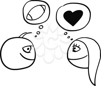Cartoon vector of difference between man and woman thinking about football rugby ball and heart symbol of love and relationship 