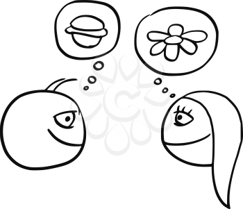 Cartoon vector of difference between man and woman thinking about hamburger burger food and daisy flower 