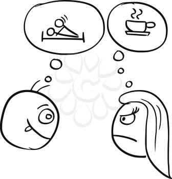 Cartoon vector of different expectations of man and woman on date, thinking about sex sexual intercourse and coffee tea cup