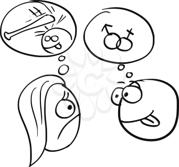 Cartoon vector of different expectations of man and woman on date, man thinking about sex sexual intercourse male and female symbols and woman thinking about use of violence, hit the man with baseball