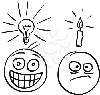 Cartoon vector of man with shining light bulb above his head and with great happy smile. Man just got great idea. Second man with candle above his head and unhappy focused expression in his face.