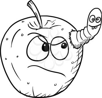 Vector cartoon of angry fruit apple infected by cute crazy worm insect