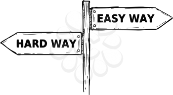 Vector cartoon doodle hand drawn crossroad wooden direction sign with two arrows pointing  left and right as hard or easy way decision guide