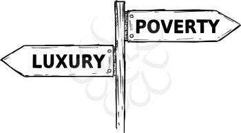Vector cartoon doodle hand drawn crossroad wooden direction sign with two arrows pointing  left and right as luxury or poverty decision guide