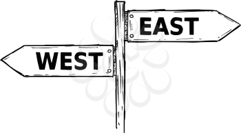 Vector cartoon doodle hand drawn crossroad wooden direction sign with two arrows pointing  left and right as west or east decision guide