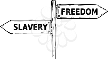 Vector cartoon doodle hand drawn crossroad wooden direction sign with two arrows pointing  left and right as freedom or slavery decision guide