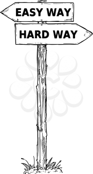 Vector cartoon doodle hand drawn crossroad wooden direction sign with two arrows pointing  left and right as easy or hard way decision guide